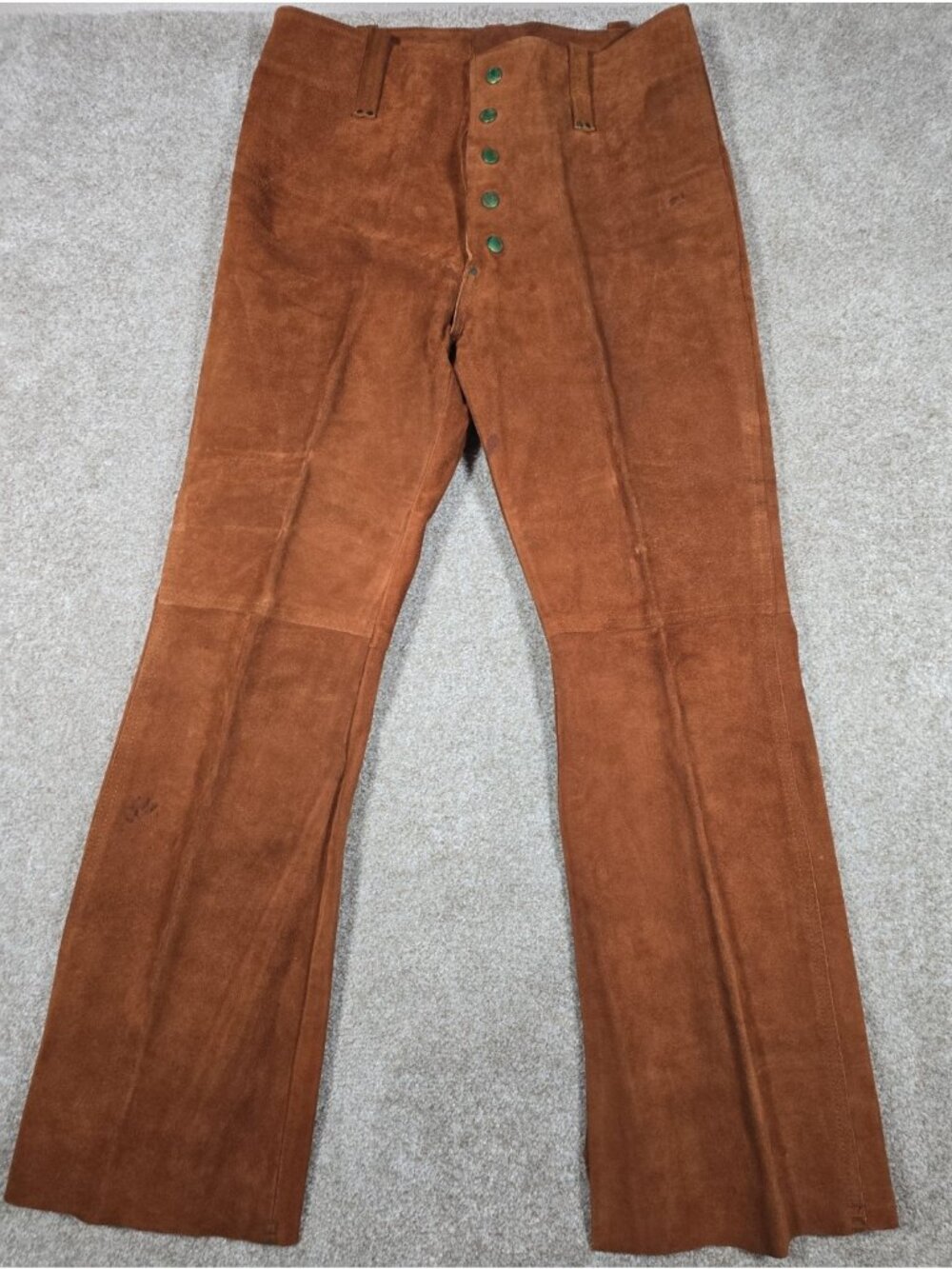 Vtg Brown Suede Leather Pants Snap Fly Flare Leg High Waisted Handmade Men 32x30